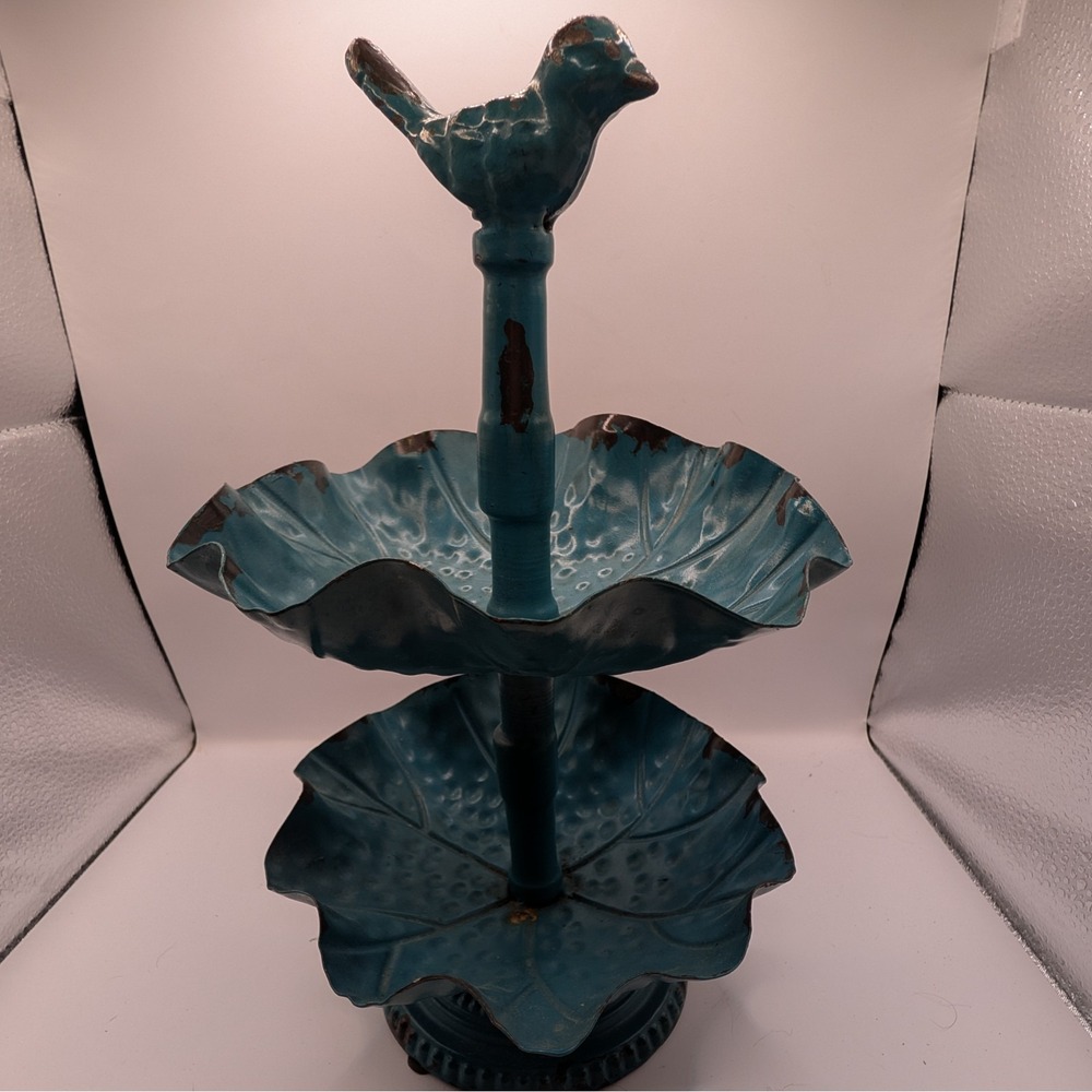 Vintage Teal Metal 2 Tiered Bird Tray Trinket Dish Plant Stand Decor